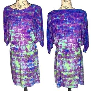 Suzi Chin Maggy Boutique Purple Watercolor Dress Size 4 Dolman Sleeve Lined